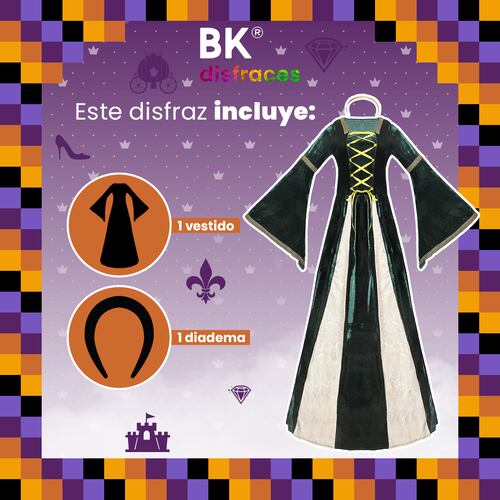 Disfraz de Halloween Princesa Reina Queen Premium de tela Adulto 12+ / 2 tallas disponibles.