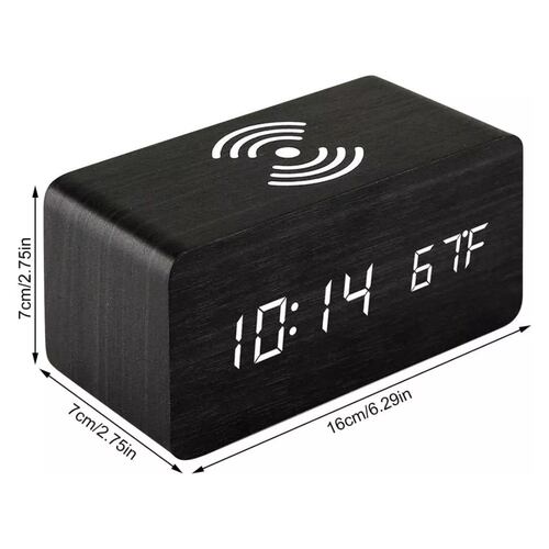 RELOJ DESPERTADOR DIGITAL LED CON CARGA INALÁMBRICO NEGRO