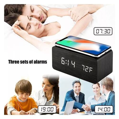 RELOJ DESPERTADOR DIGITAL LED CON CARGA INALÁMBRICO NEGRO
