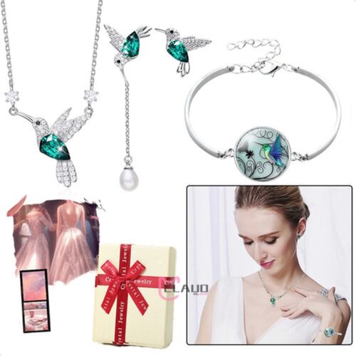 Juego De Collar Y Aretes Y Pulsera De Colibrí Cristal+caja Plateado Verde