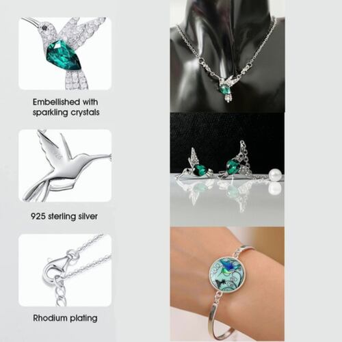 Juego De Collar Y Aretes Y Pulsera De Colibrí Cristal+caja Plateado Verde