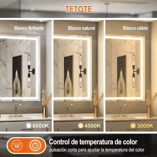 Espejo Led Baño 50x70cm Touch 3 Modo Con Función Antivaho.