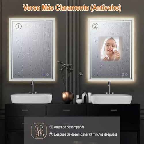 Espejo Led Baño 50x70cm Touch 3 Modo Con Función Antivaho.