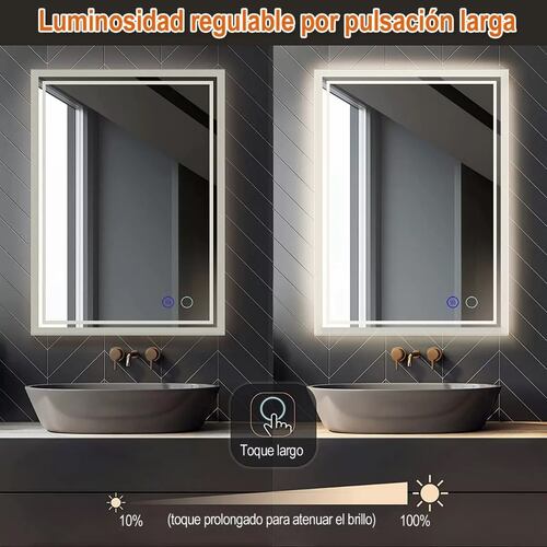 Espejo Led Baño 50x70cm Touch 3 Modo Con Función Antivaho.