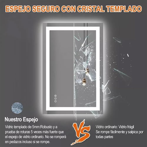 Espejo Led Baño 50x70cm Touch 3 Modo Con Función Antivaho.