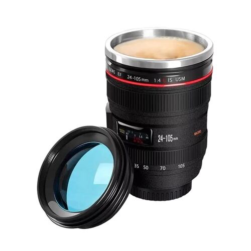 Termo Taza Vaso Forma Lente Fotográfico Acero Inox Con Tapa Negro