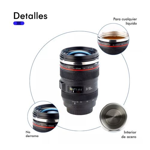 Termo Taza Vaso Forma Lente Fotográfico Acero Inox Con Tapa Negro