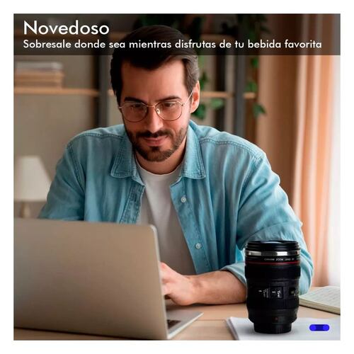 Termo Taza Vaso Forma Lente Fotográfico Acero Inox Con Tapa Negro