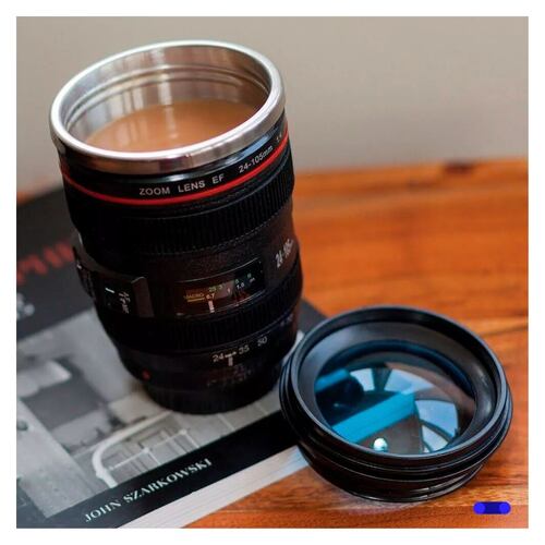 Termo Taza Vaso Forma Lente Fotográfico Acero Inox Con Tapa Negro