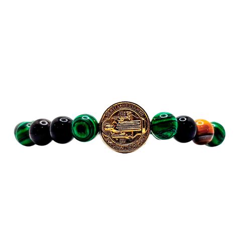 Pulsera San Benito Hombre Piedras Ónix, Ojo de tigre y Malaquita.