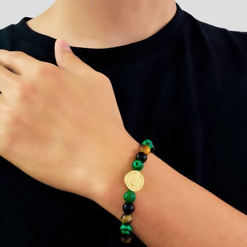 Pulsera San Benito Hombre Piedras Ónix, Ojo de tigre y Malaquita.