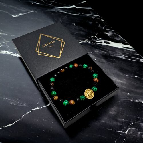 Pulsera San Benito Hombre Piedras Ónix, Ojo de tigre y Malaquita.
