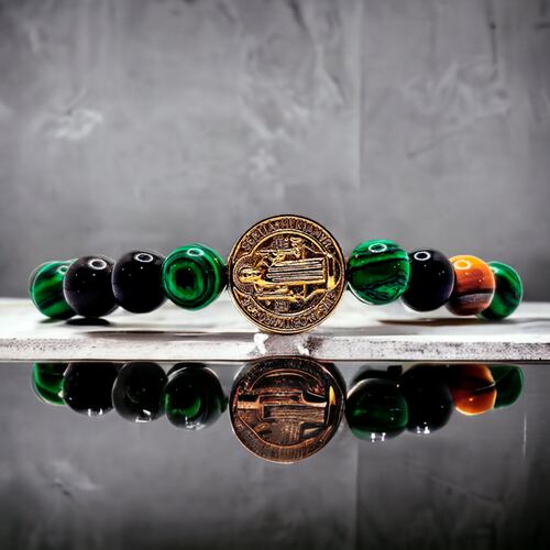 Pulsera San Benito Hombre Piedras Ónix, Ojo de tigre y Malaquita.