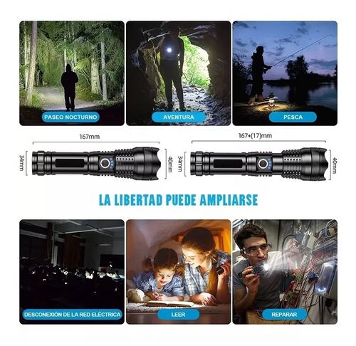 Lámpara Táctica 30000 Lm Led Xhp50 Usb Recargable NEGRA