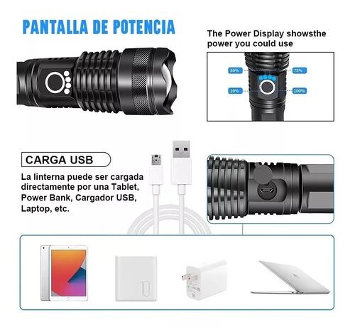 Lámpara Táctica 30000 Lm Led Xhp50 Usb Recargable NEGRA