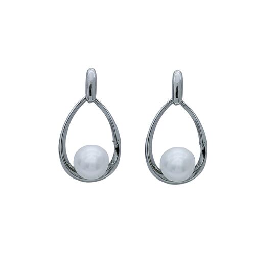 Aretes en rodio silueta gota con perla cristal.