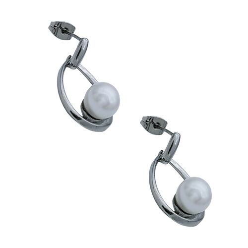 Aretes en rodio silueta gota con perla cristal.