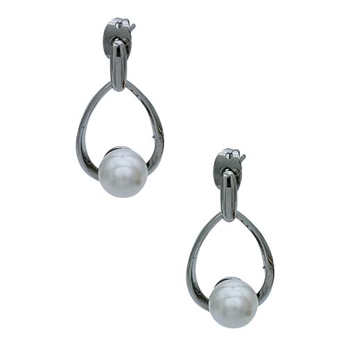Aretes en rodio silueta gota con perla cristal.