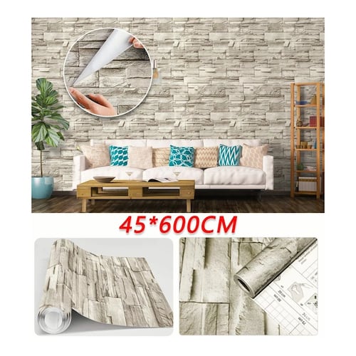 Papel Tapiz Autoadherible Estilo 3d Ladrillo De Piedra 6m Beige