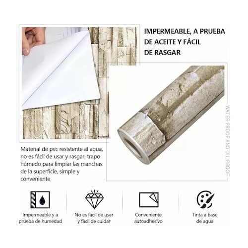 Papel Tapiz Autoadherible Estilo 3d Ladrillo De Piedra 6m Beige