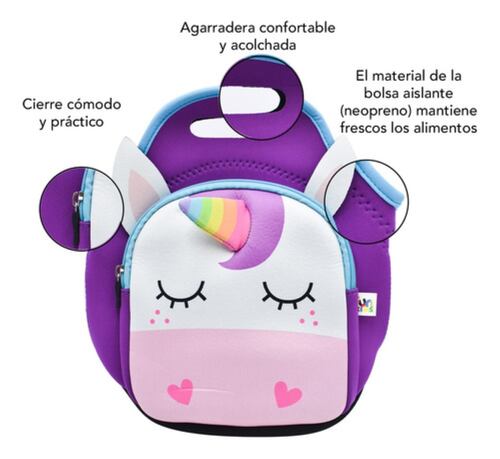 Lonchera Infantil Termica Unicornio Bolsa Almuerzo De Niños Morado
