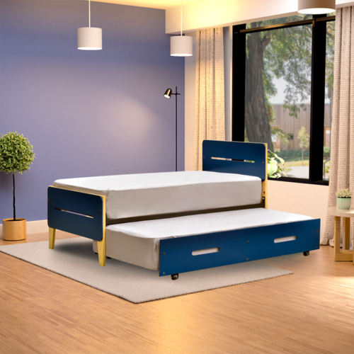 Cama Doble Individual Juno | Cama Baja Deslizable Con Ruedas Azul Marino