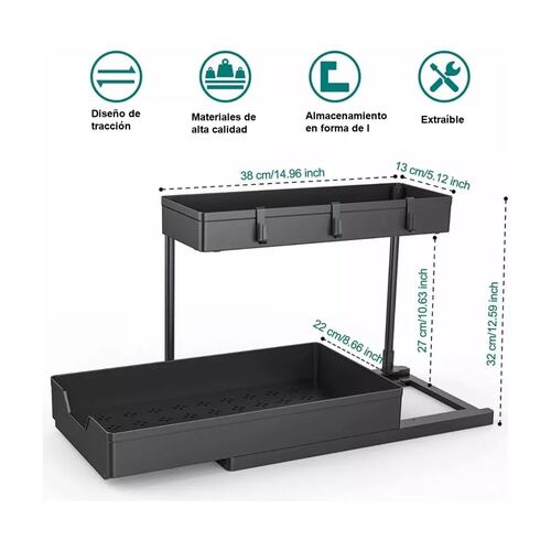 Organizador De Cocina Baño,con Cajones Y 4 Ganchos 2 Niveles Negro