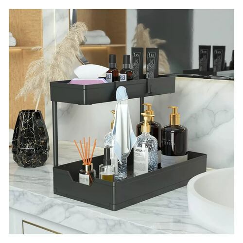 Organizador De Cocina Baño,con Cajones Y 4 Ganchos 2 Niveles Negro