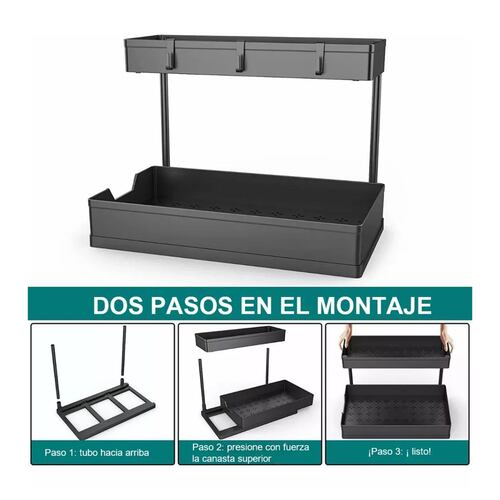 Organizador De Cocina Baño,con Cajones Y 4 Ganchos 2 Niveles Negro