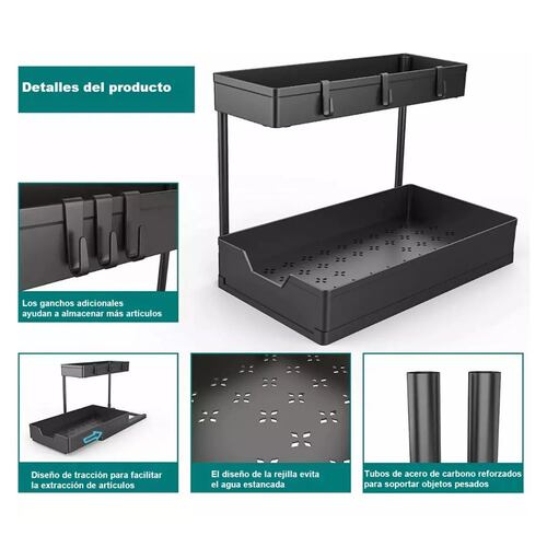 Organizador De Cocina Baño,con Cajones Y 4 Ganchos 2 Niveles Negro