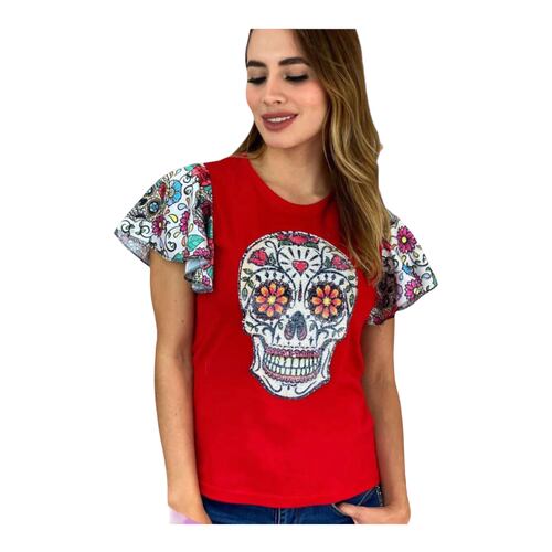 Playera Mujer Manga Olanes Calavera Calaca Día De Muertos.