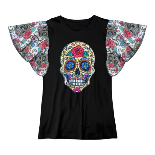 Playera Mujer Manga Olanes Calavera Calaca Día De Muertos.