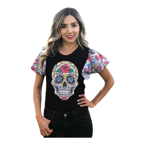 Playera Mujer Manga Olanes Calavera Calaca Día De Muertos.
