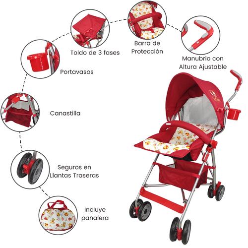 Carriola para Bebe de Baston Compacta,Plegable,Ligera,Reclinable  - Rojo.