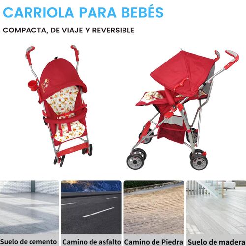 Carriola para Bebe de Baston Compacta,Plegable,Ligera,Reclinable  - Rojo.