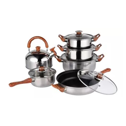 Juego de Cacerolas Y Sarten de  Acero Inoxidable 6 Pz  Plateados con Madera