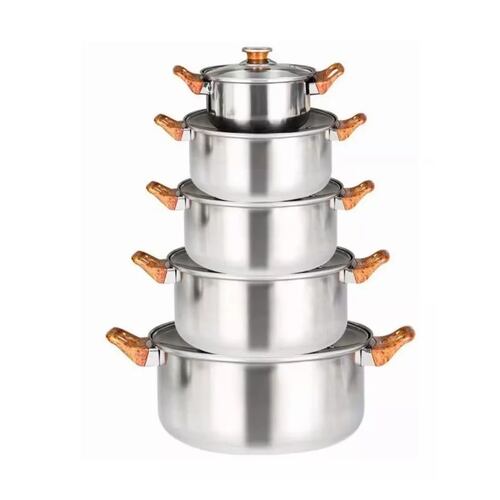 Bateria de cocina de  Acero Inoxidable Con Tapa De Vidrio 5 Pcs  Mandos de Madera