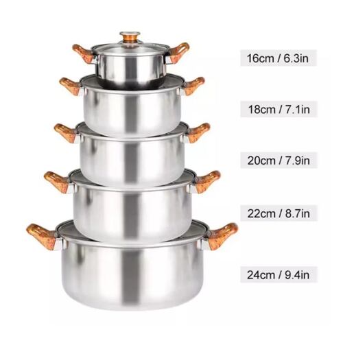 Bateria de cocina de  Acero Inoxidable Con Tapa De Vidrio 5 Pcs  Mandos de Madera
