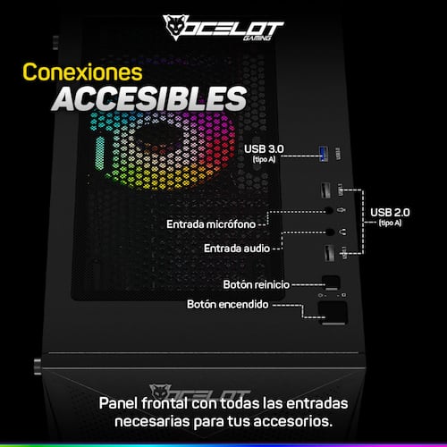 Gabinete Ocelot Gaming POLYGON-E5, ATX, Cristal Templado, incluye 4 Ventiladores, sin Fuente, Negro.