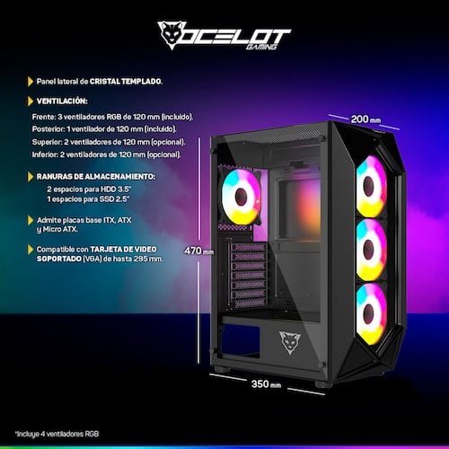 Gabinete Ocelot Gaming POLYGON-E5, ATX, Cristal Templado, incluye 4 Ventiladores, sin Fuente, Negro.