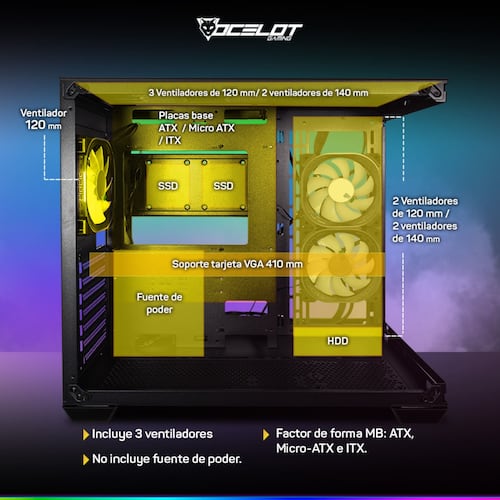 Gabinete Ocelot Gaming A-CUBE 1, ATX, Cristal Templado, incluye 3 Ventiladores, sin Fuente, Negro