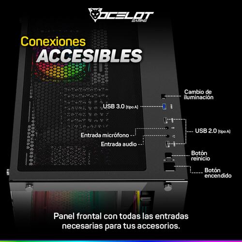 Gabinete Ocelot Gaming A-CUBE 1, ATX, Cristal Templado, incluye 3 Ventiladores, sin Fuente, Negro