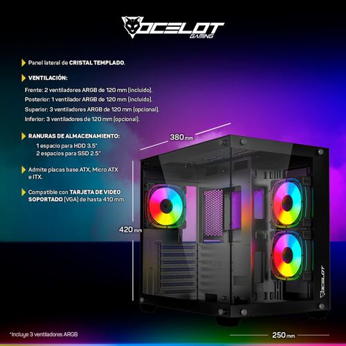 Gabinete Ocelot Gaming A-CUBE 1, ATX, Cristal Templado, incluye 3 Ventiladores, sin Fuente, Negro