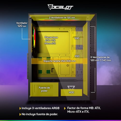 Gabinete Ocelot Gaming PORTAL-M4, ATX, Cristal Templado, incluye 3 Ventiladores, sin Fuente, Negro.