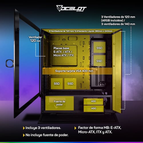 Gabinete Ocelot Gaming HUNTER-2, E-ATX, Cristal Templado, incluye 3 Ventiladores, sin Fuente, Negro