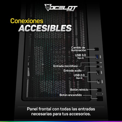 Gabinete Ocelot Gaming HUNTER-2, E-ATX, Cristal Templado, incluye 3 Ventiladores, sin Fuente, Negro