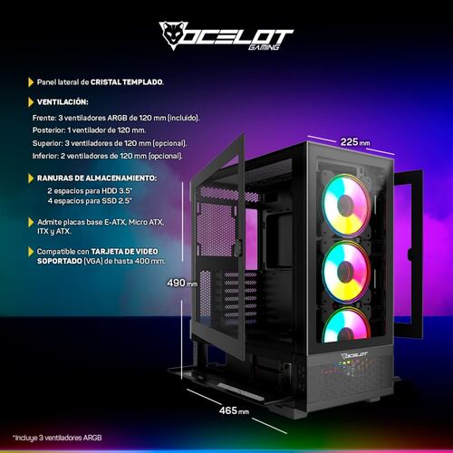 Gabinete Ocelot Gaming HUNTER-2, E-ATX, Cristal Templado, incluye 3 Ventiladores, sin Fuente, Negro