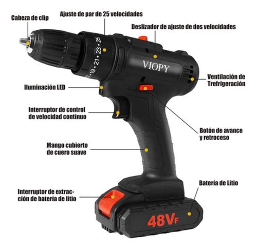 Taladro Inalambrico Con 2 Batería De Litio 2x48v Negro 