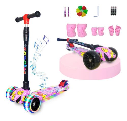 Scooter Infantil De Tres Ruedas Con Luces Led Y Música Rosa 