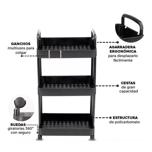 Carrito Auxiliar Organizador Multiusos 3 Niveles Plastico Negro
